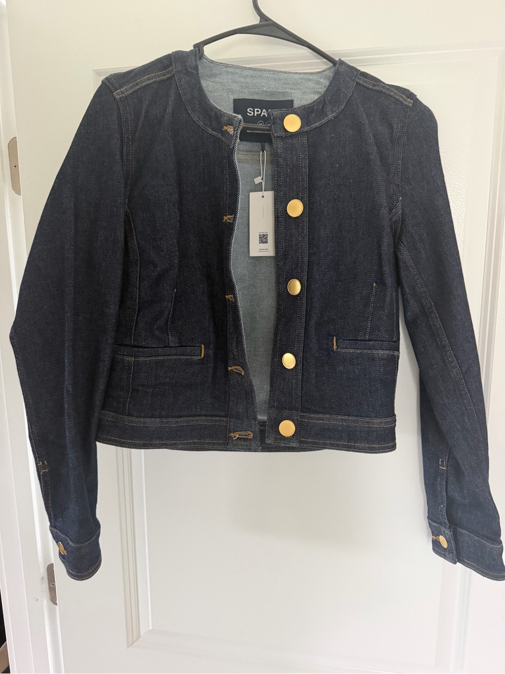 SPANX Dark Indigo Collarless Denim Jacket with Gold Buttons